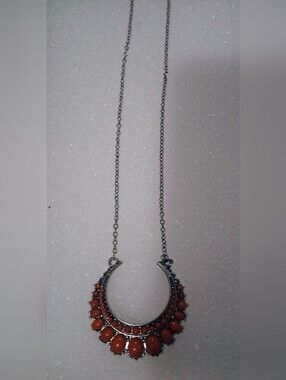 Silver-Tone Crescent Pendant Necklace with Coral Beads - Women Jewelry